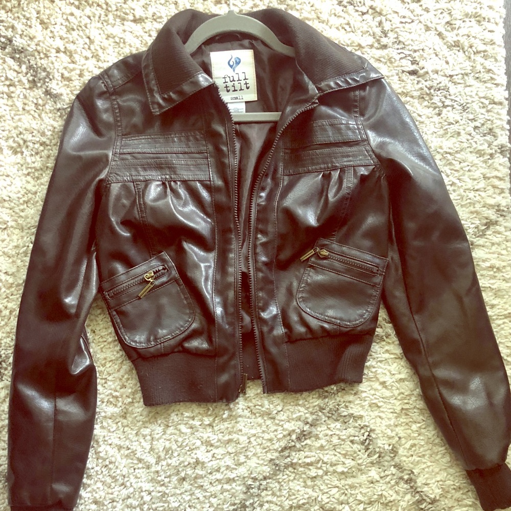 Bomber Jacket: brown faux leather